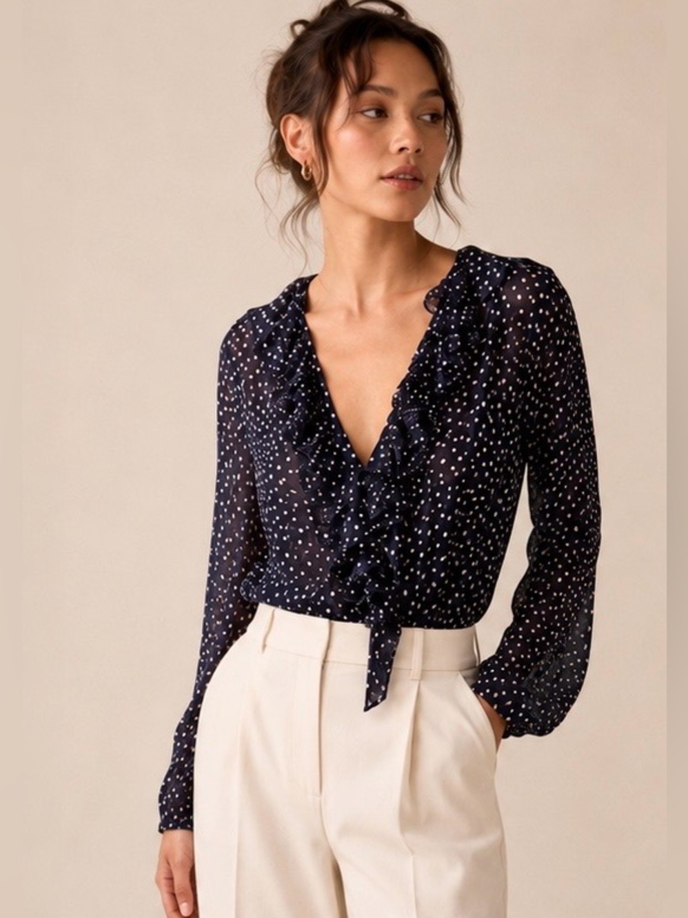 19 Cooper Polka Dot Ruffle Bodysuit Women’s Small Navy Sheer Long Sleeve